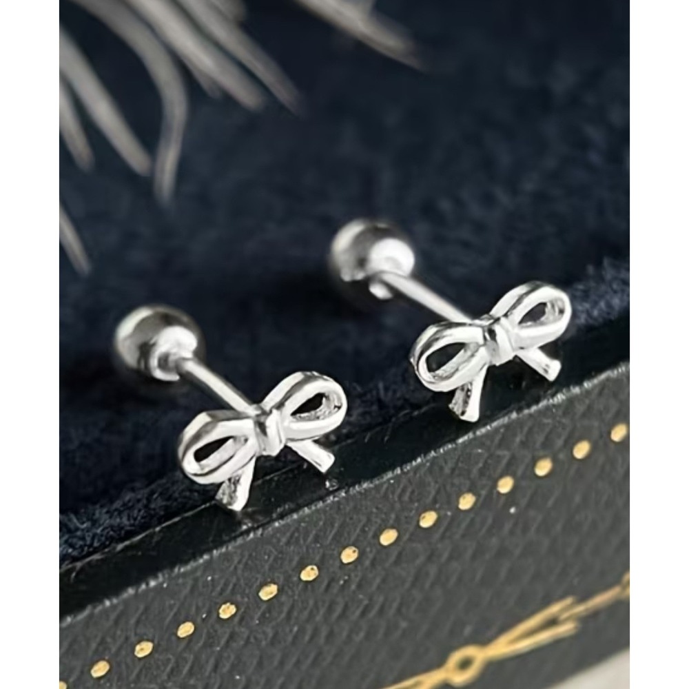 Silver Tone Dainty Bow Stud Earrings Screw Back Minimalist Ribbon